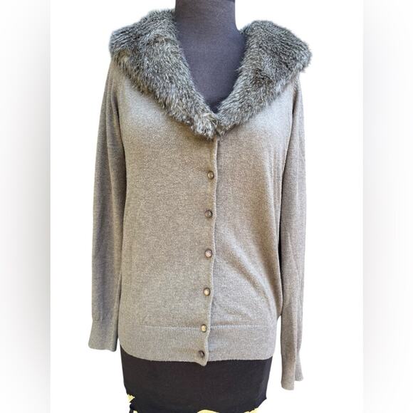 Y2K Ann Taylor Glam Faux Fur Collar Mob Wife Old Money Boho Oatmeal Cardigan M - Picture 3 of 7
